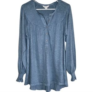 SUNDANCE 100% Linen Henley Tunic Long Sleeve Ruching Smocked Top